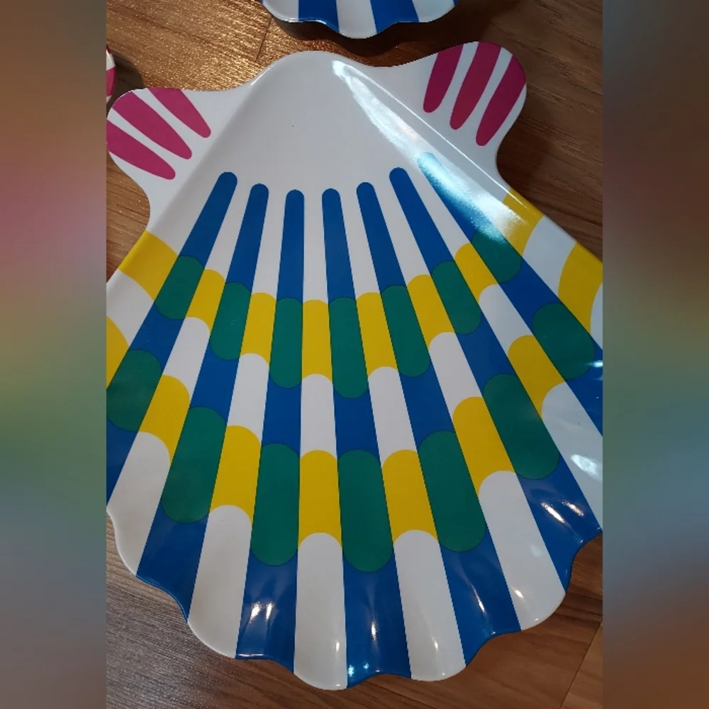 Blue Stripe Taipro Sea Shell Melamine Picnic Platters Plates Beach Set Of 4 Vtg